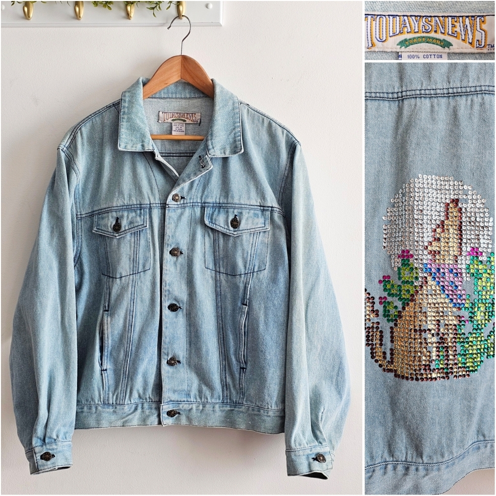 Vintage Western Sequin Coyote Moon Art Denim Jacket Desert Cactus Statement M - Picture 2 of 16